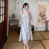 [Original practice + inner lining] Summer pendant purple floral suspender skirt chiffon dress women's medium and long skirt