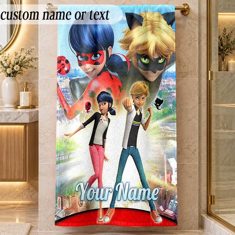 Beach TowelMiraculous Ladybug Custom Name Text Personalized Soft Towel for Beach Pool Indoor Home Decor Gift
