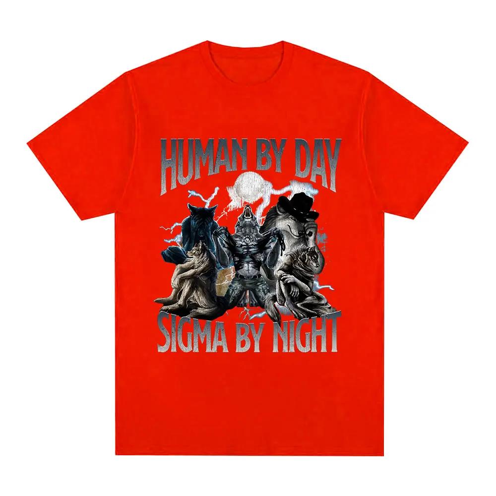 Human By Day Sigma By Night Funny Wolf Graphic T Shirt Men Women Casual Cotton Short Sleeve Oversized T-shirts Streetwear Unisex