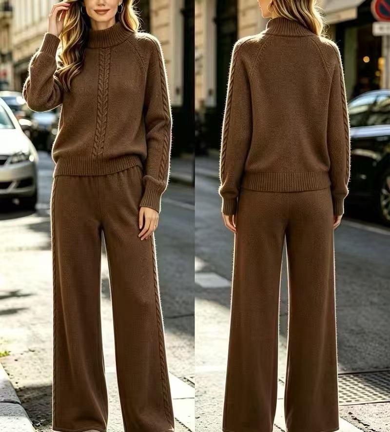 High-necked twist sweater set Women's loose sweater High-waisted wide-leg pants Two-piece set Lazy wind casual set