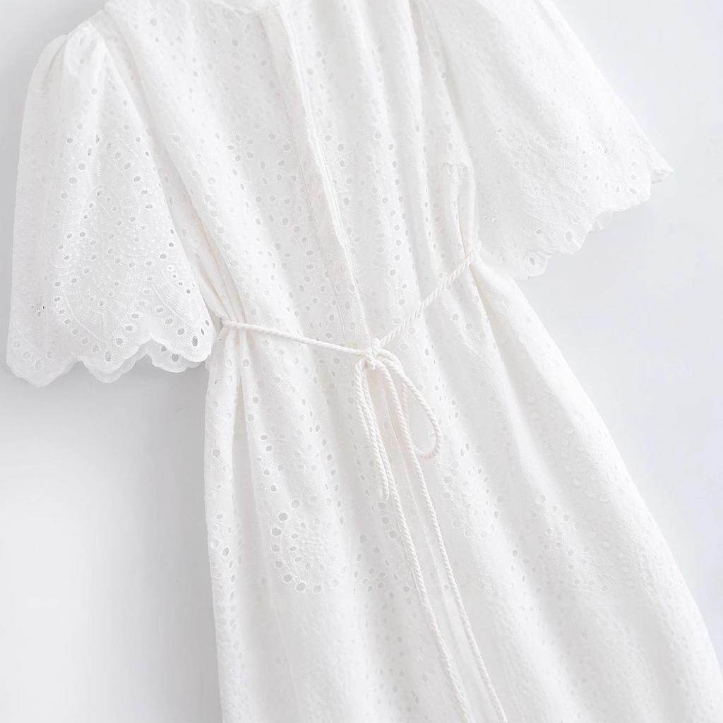 Rochie de primăvară 2025 pentru femei, stil european și american, largă, cu revere, cu curea, florală, ajurată