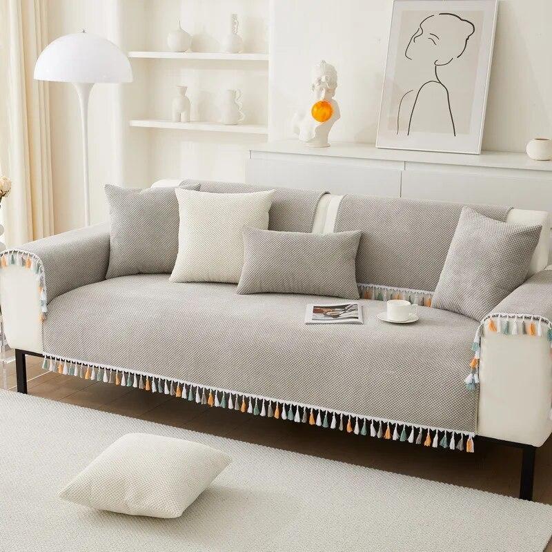 Corduroy Tassels Sofa Cushion Modern Simple High-end Non-slip Sofa Cushion Solid Color Soft Four Seasons Universal Couch Cover