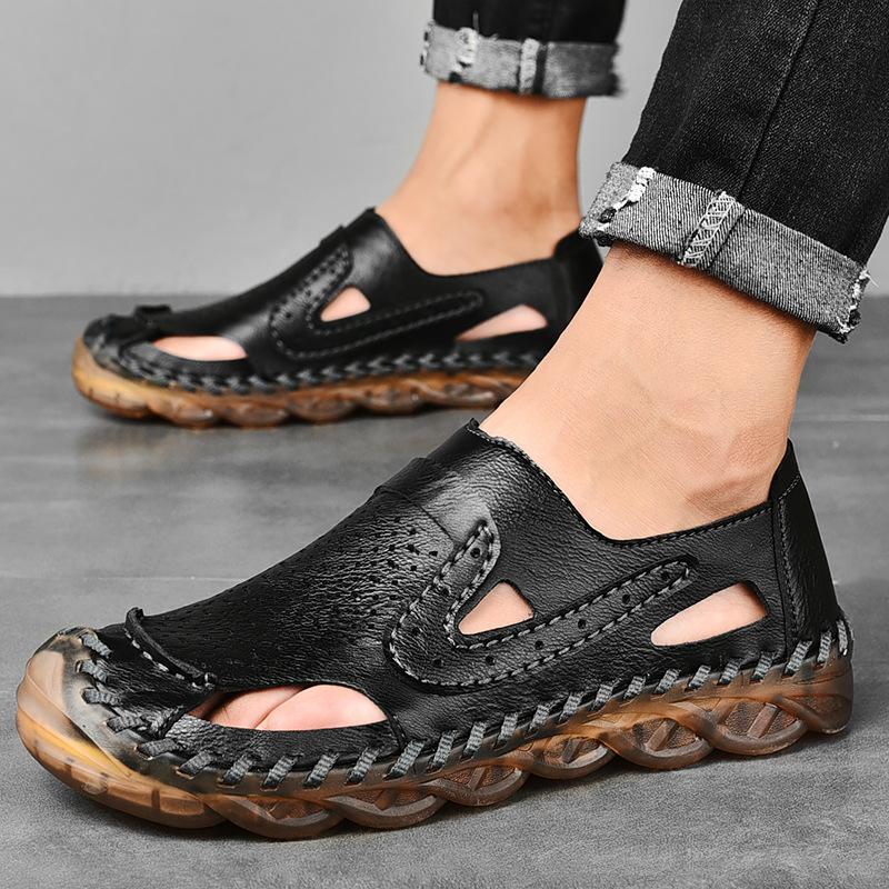 Men's Beach Shoes Trendy Summer New Outdoor Men's Outdoor Hollowed Toe Box Casual Tendon Bottom Leather Sandals