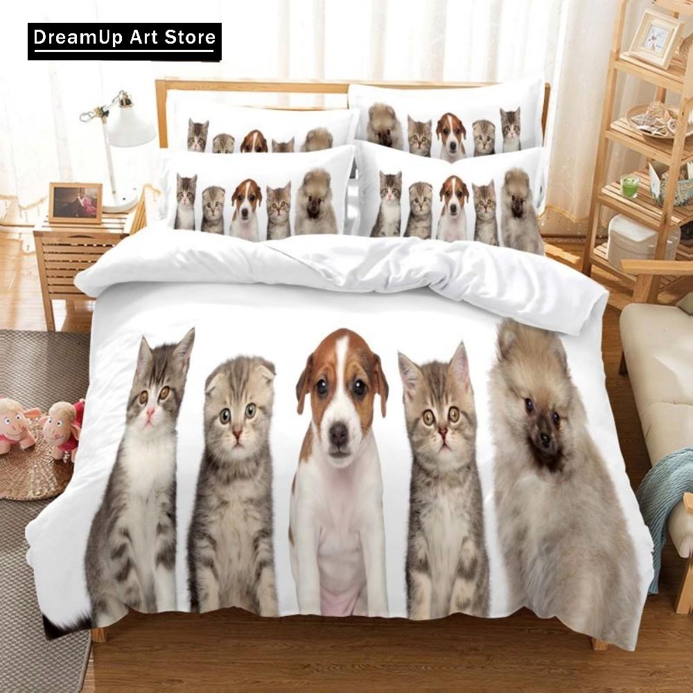 Cat And Dog Duvet Cover Set 3D Print Cute Animal Theme Bedding Set Bed Set Quilt Cover Pillowcase Twin Single Queen King Size