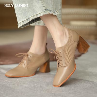 Fashion Comfortable Genuine Leather Women's Ankle Boots Elegant Square Toe Thick Heels Pumps Party Lace-up Shoes Woman 2024 New
