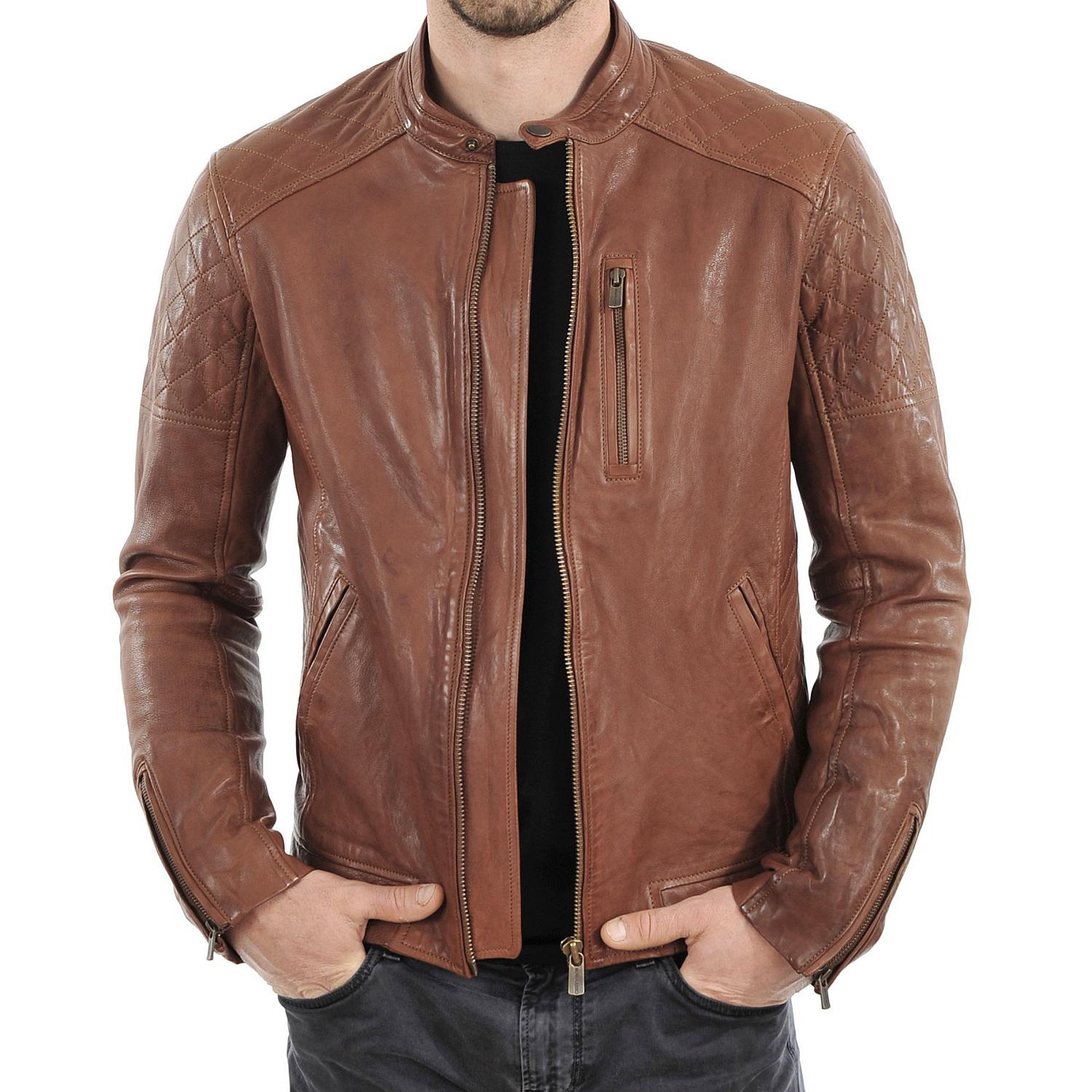 

SkinOutfit Men s Genuine Lambskin Tan Leather Jacket Stylish Motorcycle Bomber Biker Outerwear MJ 16 3XL дубильна кора