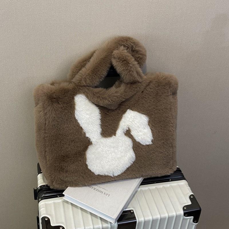 Furry Women's Bag Winter New Portable Plush Commuter Tote Bag Cute Big Ears Rabbit Casual Shoulder Bag