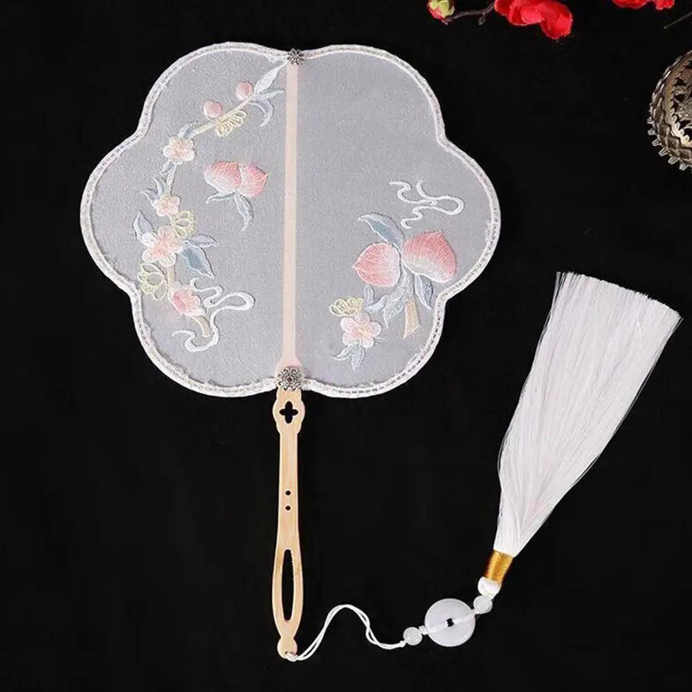 Clothing Acceessories Home Decoration With Tassel Long Handle Chinese Retro Style Embroidery Handheld Fan Pearl Edging