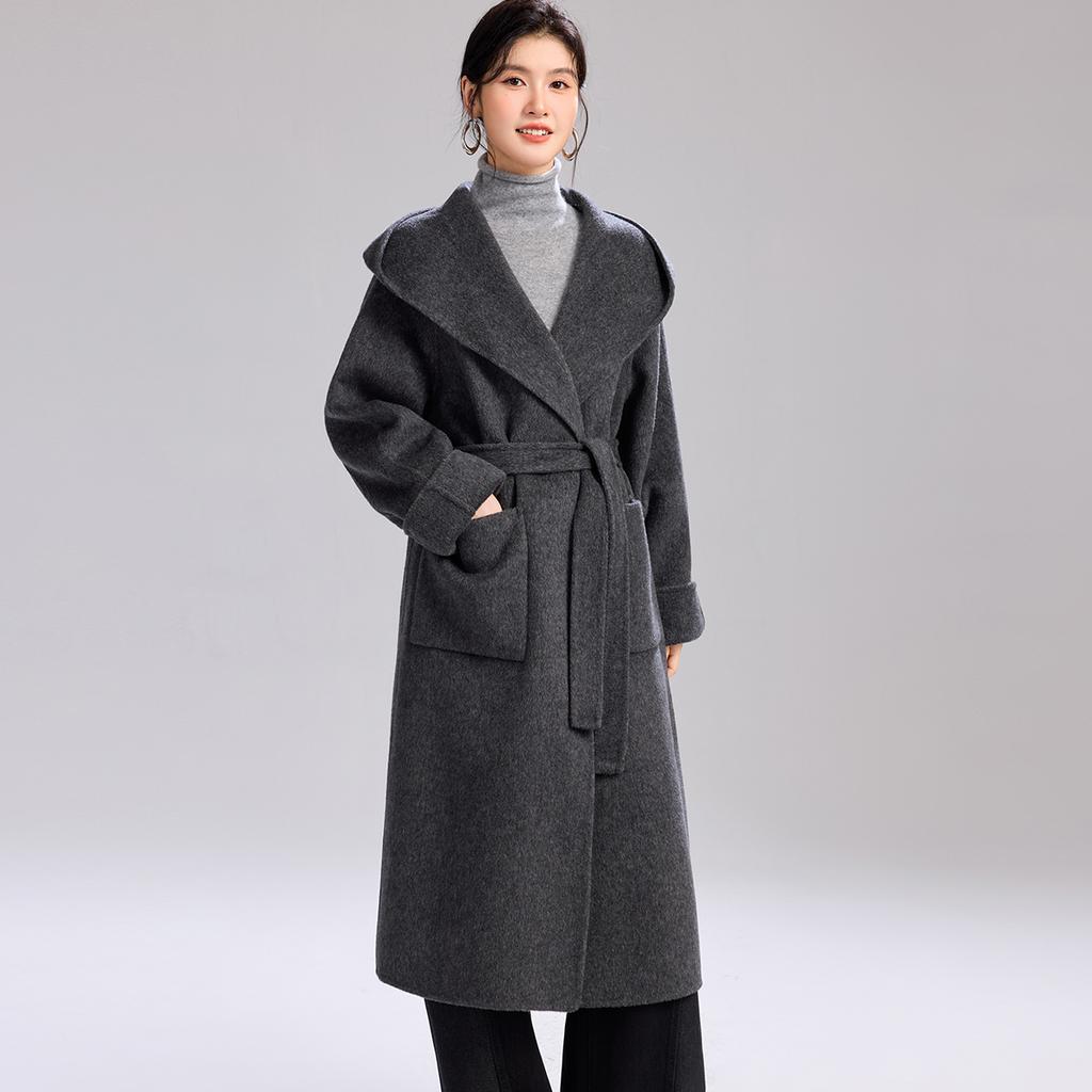 [Including Cashmere and Wool Coat] Autumn and Winter New Hooded Lace Up Lazy Style Warm Women's Long Coat