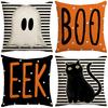 New Halloween Black Cat Striped Linen Pillow Cover Ghost Retro Elements Home Living Room Bedroom Sofa Decoration