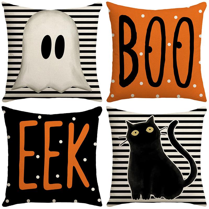 New Halloween Black Cat Striped Linen Pillow Cover Ghost Retro Elements Home Living Room Bedroom Sofa Decoration