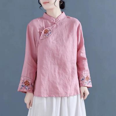 Abbigliamento Tradizionale Stile Cinese Collo alla Coreana Ricamato Cotone Lino Moderno Retro Camicia Hanfu Top Cinese Donna