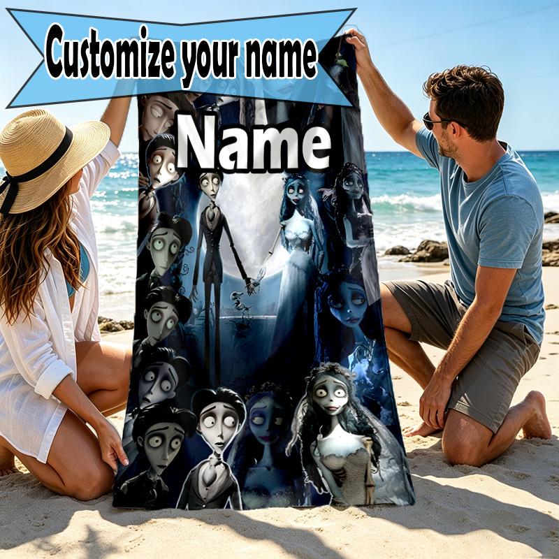 Custom Name Personalized Corpse Bride Print Beach Towel, for Trip Camping Beach Party Home Decor, Birthday Gift for Family & Friends