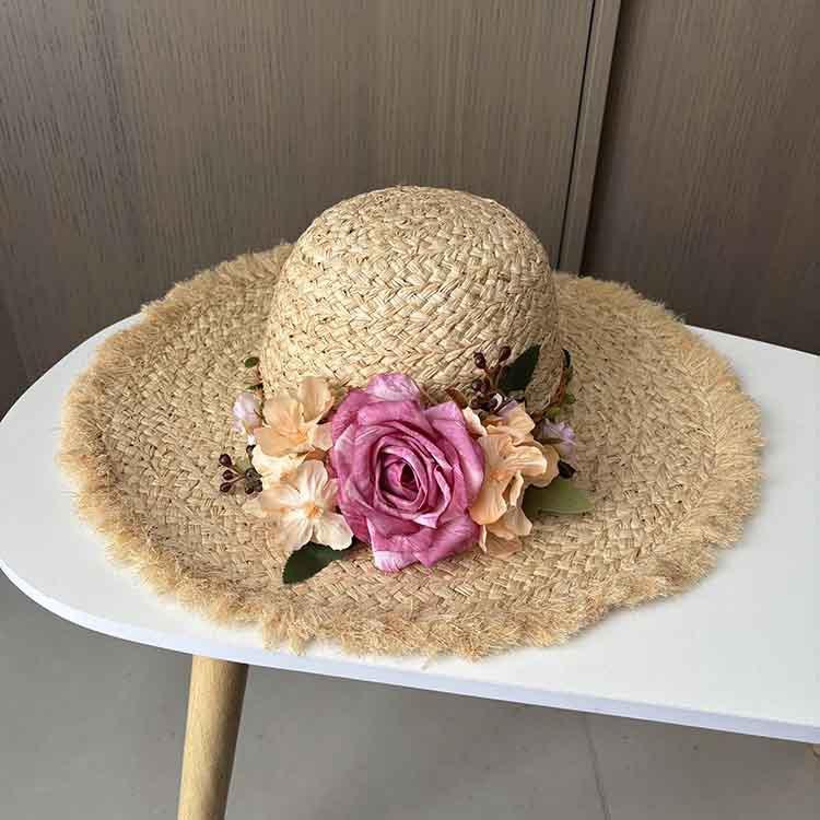 Summer French raffia hat women's summer vacation versatile sun hat flower big brim sun protection beach hat