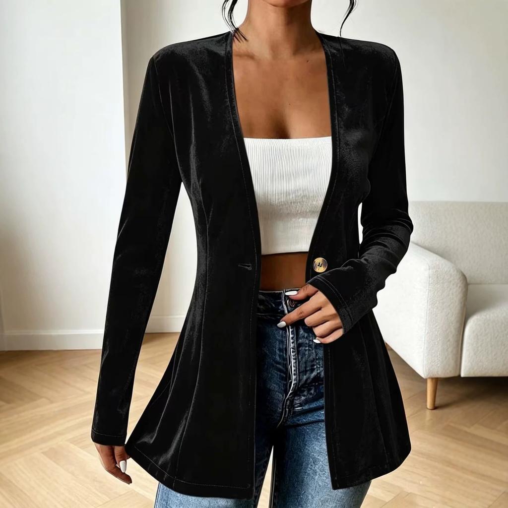 Women Velvet Long Sleeve Cardigan Open Front Casual Loose Fit Solid Color Coat with Button Detail