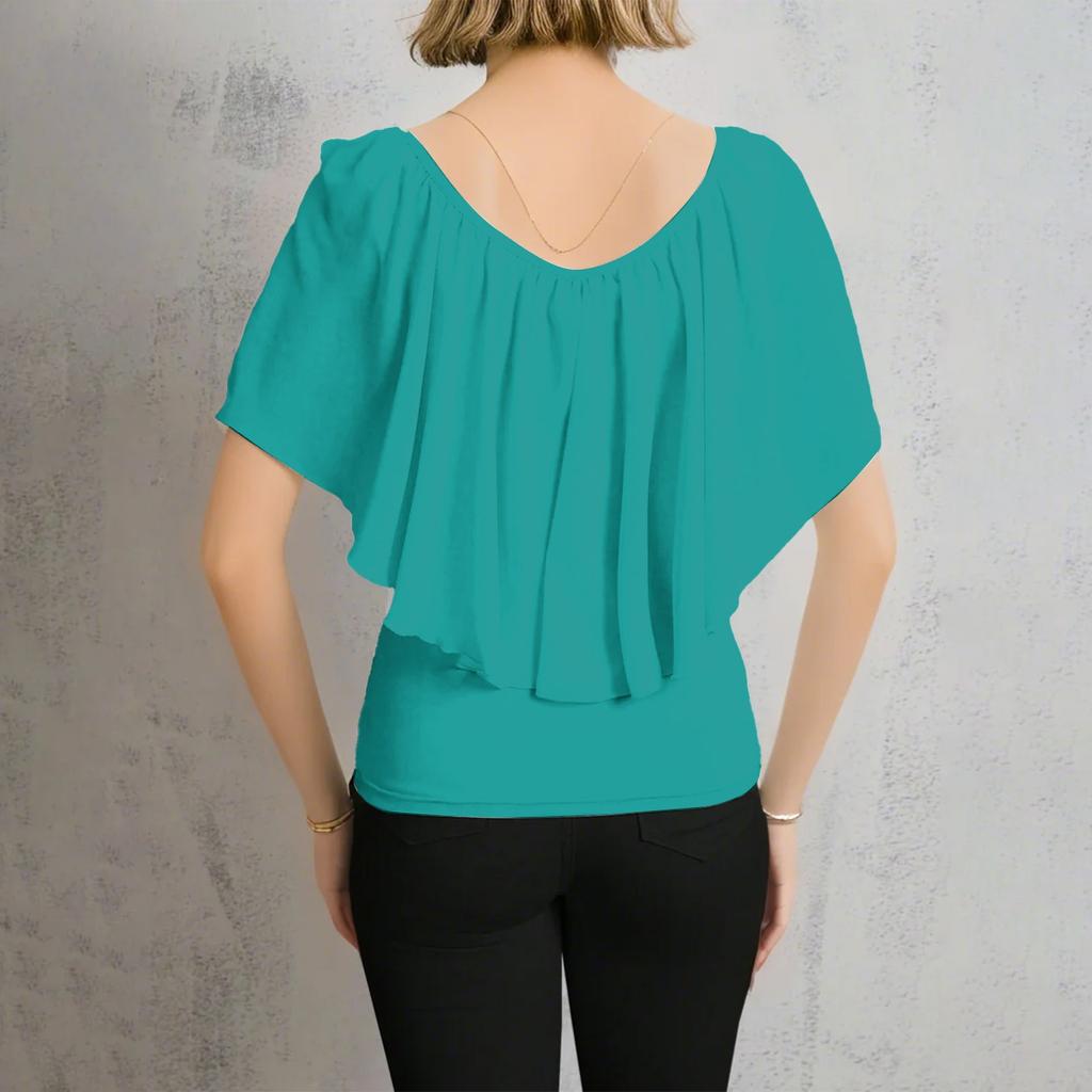 Women's Casual V-neck Off-shoulder Color T-shirt