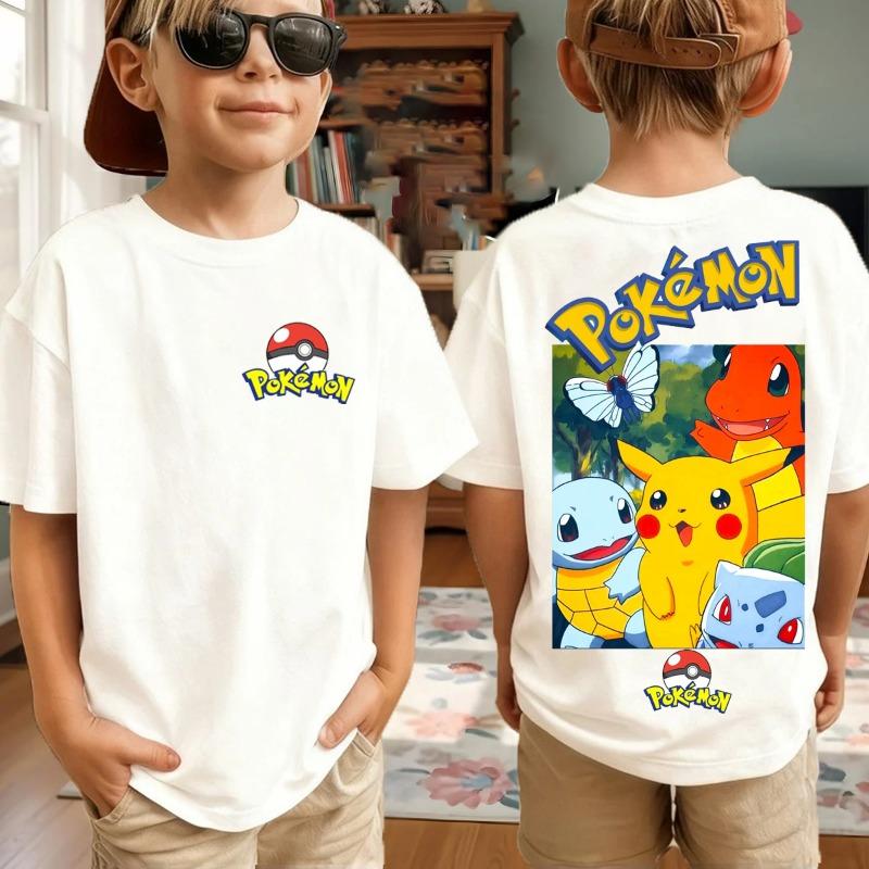 New Anime Pokemon Cosplay T Shirt Pure Cotton Short Sleeve Retro Loose Casual Family Matching Outfits For Men Women Kids