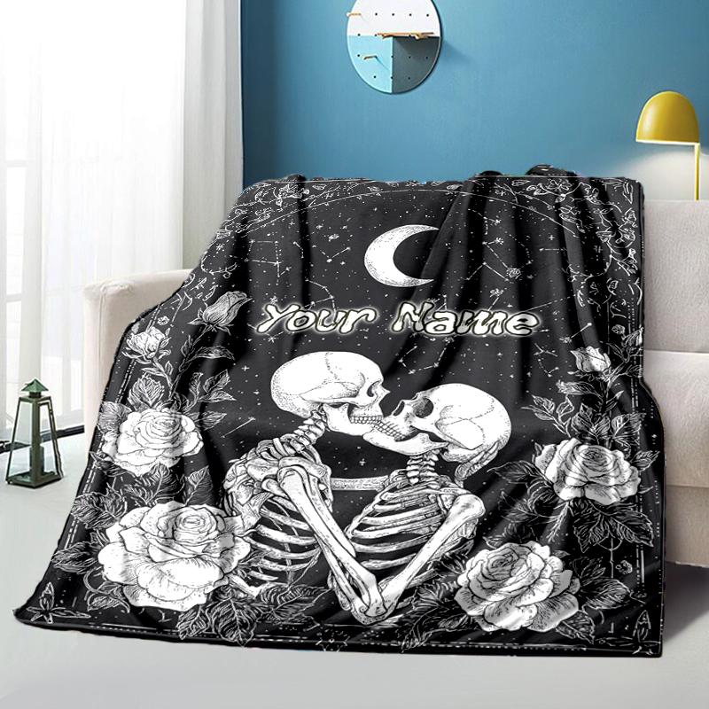 1PC Custom Name Eternal Love Skeletons Flannel blankets Patterns Throw Blanket All-Season Soft Gift for Couch, Bed, Camping gifts