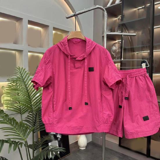 2Pcs/Set Men Summer Outfit Hooded Drawstring Short Sleeve Tops Elastic Waist Pockets