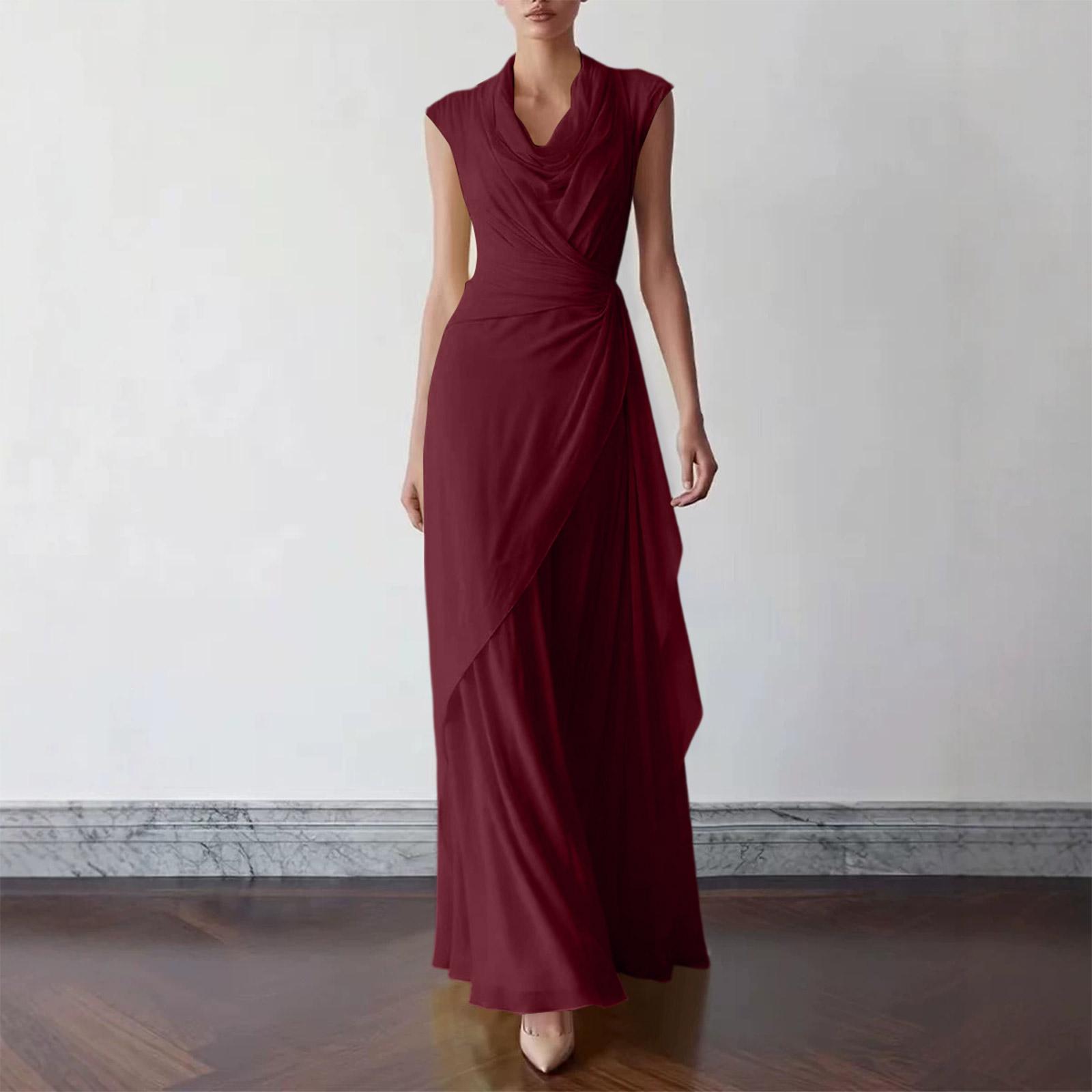 Women Sleeveless Waist Wrapped Asymmetrical Cross Chiffon Maxi Dress Elegant Long Gown for Formal Events S