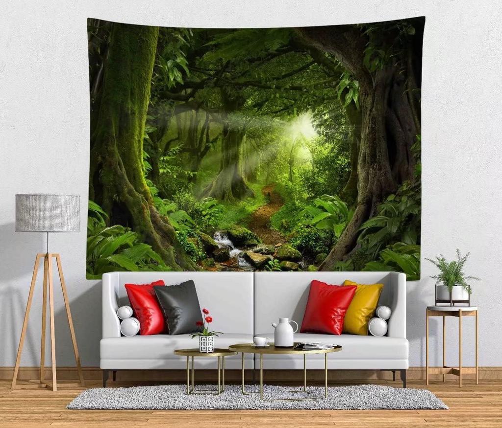 Grüner Wald Wandteppich Kulisse Kleiner Wasserfall Wandteppich Naturlandschaft Fluss Bach Wandbehang Waldlandschaft Wandteppich