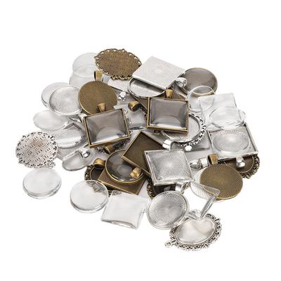 60pcs Metal Round Oval Pendant Base Tray Glass Domes Sheet Jewelry DIY Tool Accessory