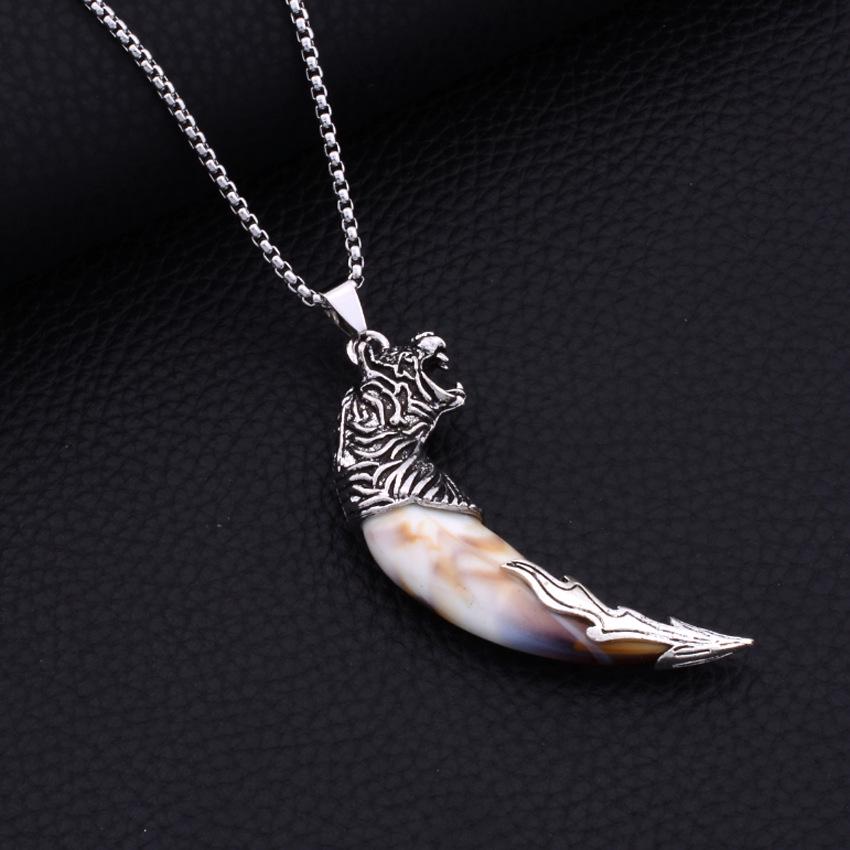 Dragon Head Wolf Tooth Pendant: Punk Retro Ethnic Style Stainless Steel Necklace for Men