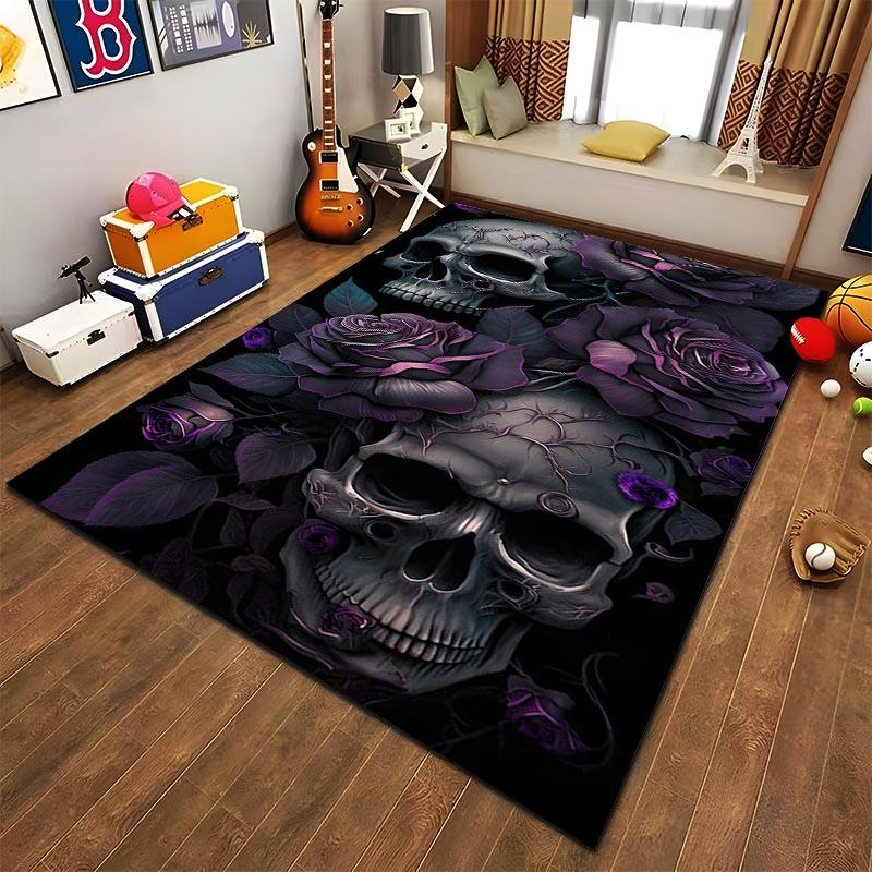 "Dark Gothic Skull and Purple Roses Printed Carpet for Home Decor" Suitable for use as an anti-slip for living room bedroom sofas