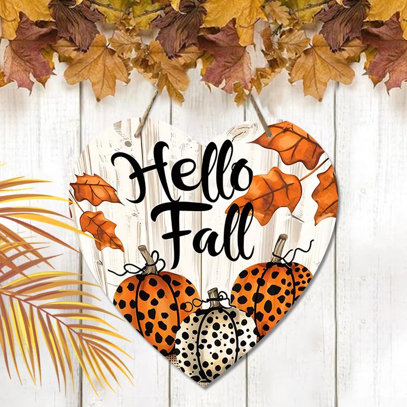 Autumn harvest festival “Hello Fall” logo pendant, home wall or door decoration, 2d flat wooden, garden decoration, gifts for friends and family