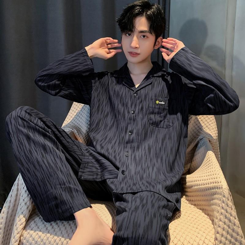 Men's Pajamas 100% Cotton Spring and Autumn Cotton Youth Winter Loungewear Long-sleeved Pajamas Set