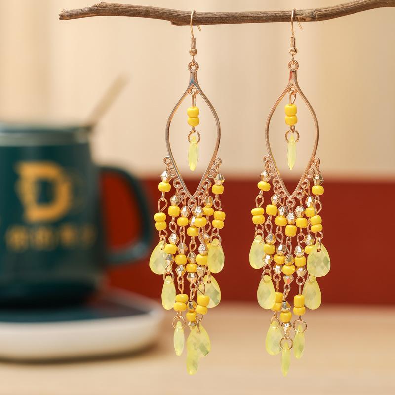 Boho Ethnic Seed Beads Long Earrings For Women Colorful Crystal Tassel Dangle Drop Earring Girls  Party Jewelry