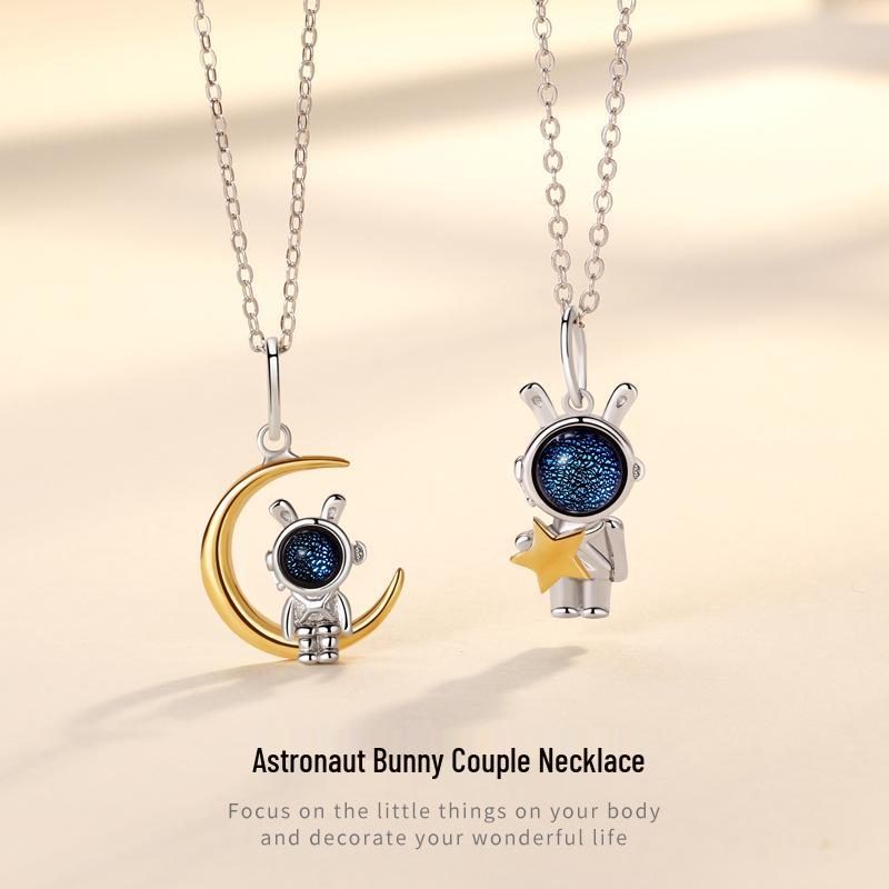 Original Astronaut Rabbit Couple Necklace: S925 Sterling Silver, Unique High-End Design, Perfect Commemorative Gift