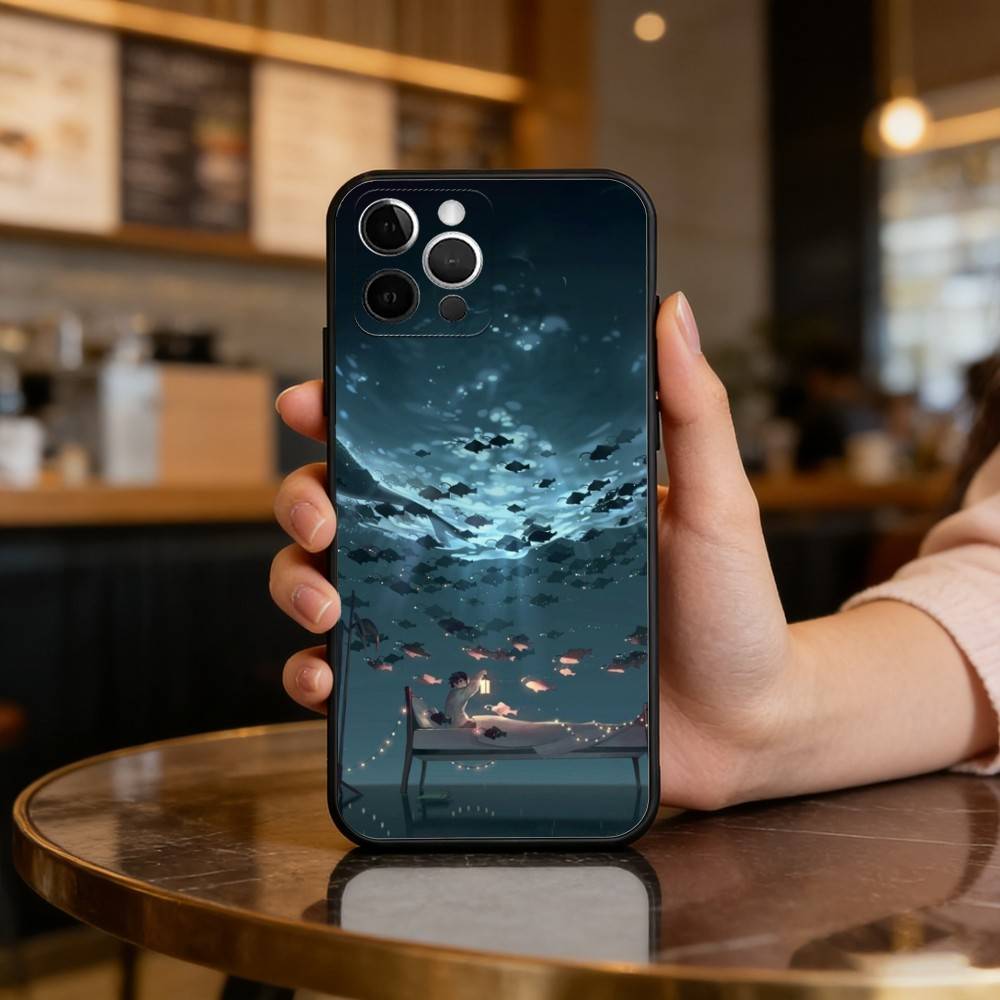 Night Water Dream Art Phone Case For iPhone 17,16,15,14,13,12,11 Plus,Pro Max,Soft Silicone Black Cover