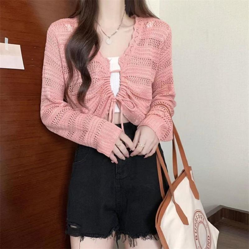 Summer V-neck hollow new slim-fitting and thin drawstring short outer knitted sweater women's thin solid color top