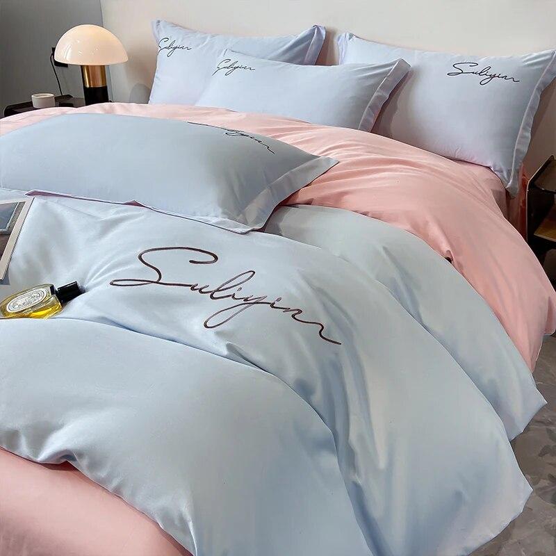 Luxury Embroidery Bedding Set Egyptian Cotton 400TC Duvet Cover Flat Fittedsheet Single Double Queen King Quilt Cover Pillowcase