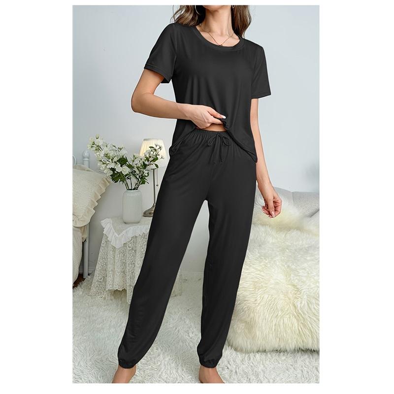 Pyžamový oblek klasický dámský jednobarevný mléčný hedvábí s krátkým rukávem kulatý výstřih tričko kalhoty oblek