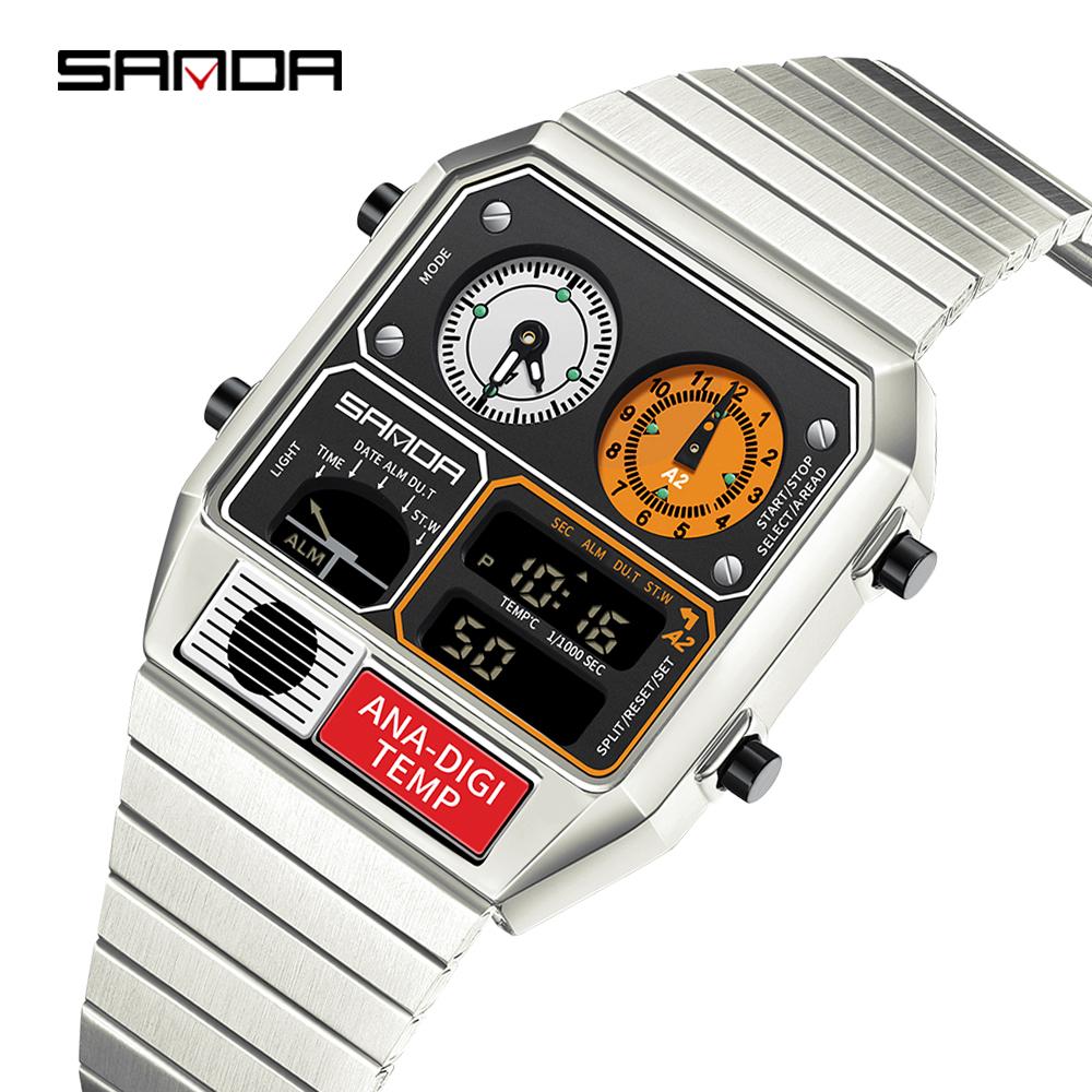 SANDA 3192 Mode Unisex Horloge LED Elektronisch Vierkant Jeugd Casual Multifunctioneel Thermometer Stopwatch Chronograaf Herenhorloge black