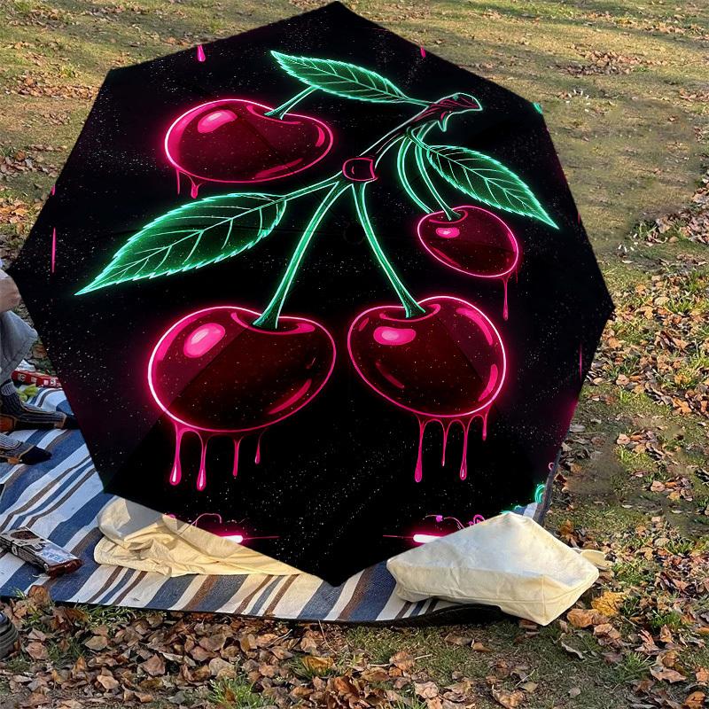 1pc Cherries Neon Automatic Open/Close Umbrella Compact Folding Umbrella with 8-Rib Shaft for Women/Men, Elegant Birthday1180S