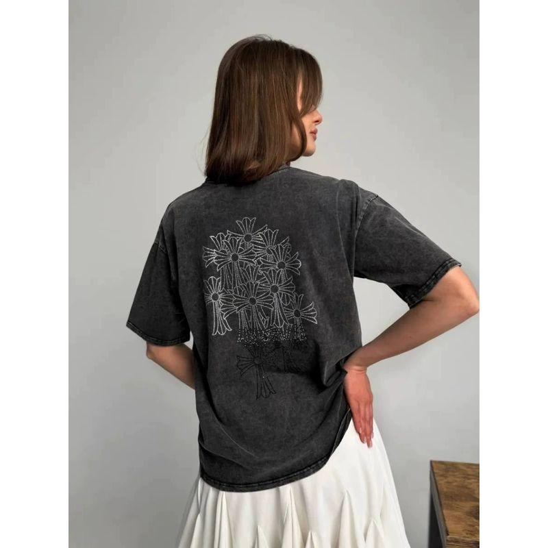 New Printed T-shirt Western Style New Distressed Washed Black Hot Drilling Loose Short Sleeve Cotton T-shirt Top