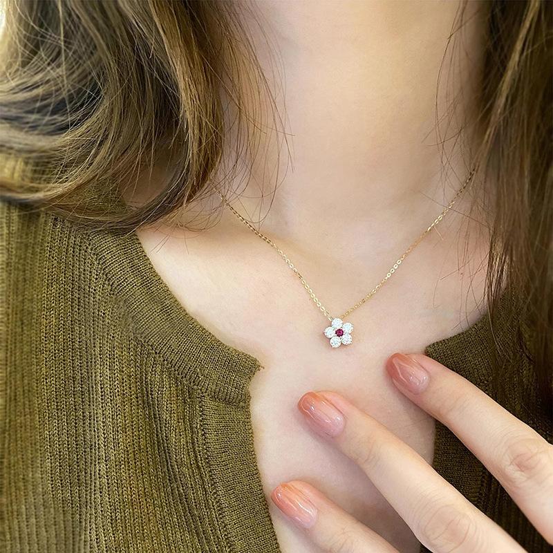 Flower Pendant Necklace, Pink/red Center Zircon