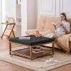 Large Square Ottoman Coffee Table, 34.5 Inch Tufted Coffee Table with Solid Wood Shelf Storage, Linen Solid Upholstered Footrest Ottoman for Bedroom