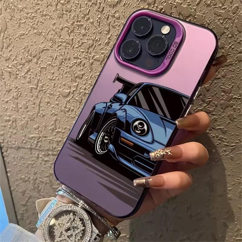 Fashionable car print anti-drop phone case for iPhone 16 13 14 11 12 15 plus 16 Pro Max X XR Xs colored silver IMD hard cover