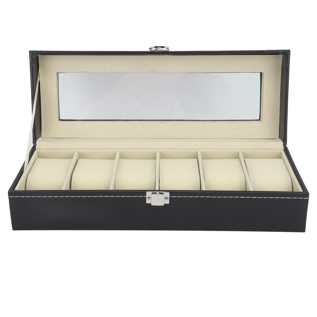 Uhrenbox PU-Leder 6 Fächer Uhrenetui Schmuckaufbewahrungsbox mit Klarsichtdeckel für Zuhause
