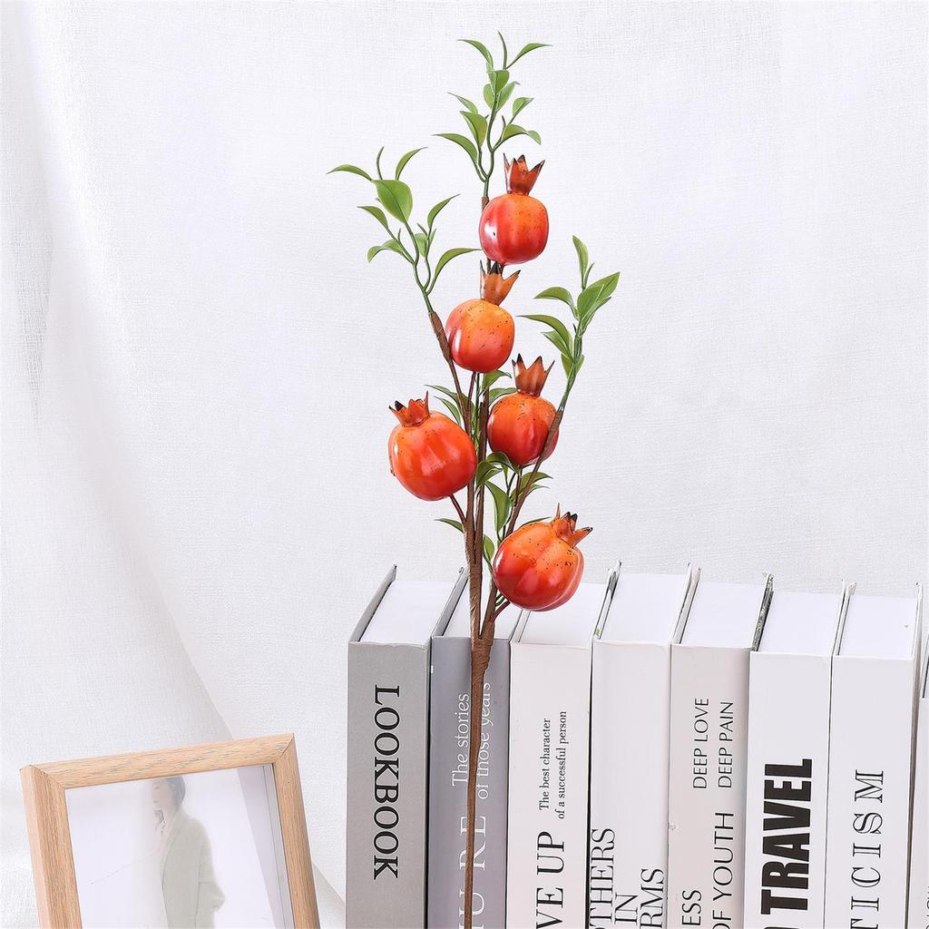 Artificial Pomegranate Branch with Red Fruit Green Leaves Simulated Decoration for Home