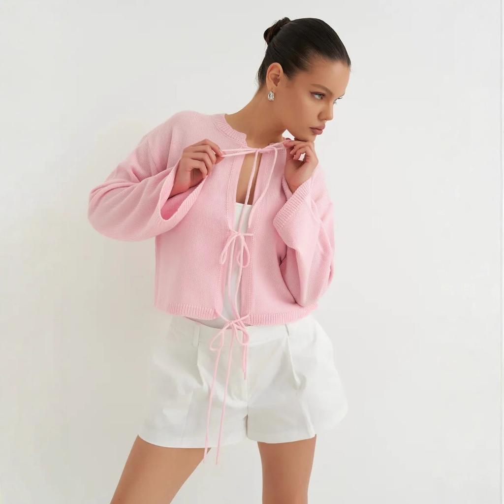 Women's Tie Front Bow Cardigan Sweater Long Sleeve Knit Outwear Coat Lace Up Crew Neck Crochet Cardigan Sweaters for Women Fall Outfit Sweater Jacket