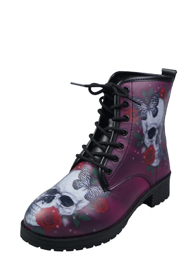 2024 Nouvelles Bottines pour Femmes Chaussures à Talons Bas Bottes Moto Tête de Mort Rétro en Cuir PU Automne et Hiver Chaudes Hautes Neige