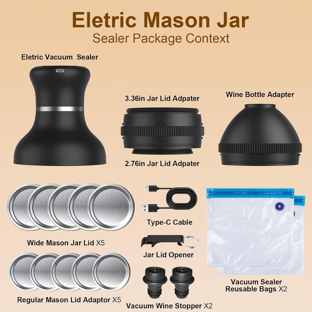 Electric Mason Jar Vacuum Sealer Kit for Wide and Regular Mouth Canning Lids, Vacuumable Bags & Wine Stoppers