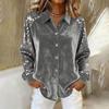 Chemise à Boutons Manches Longues Col Pointu Patchwork Velours et Paillettes pour Femme