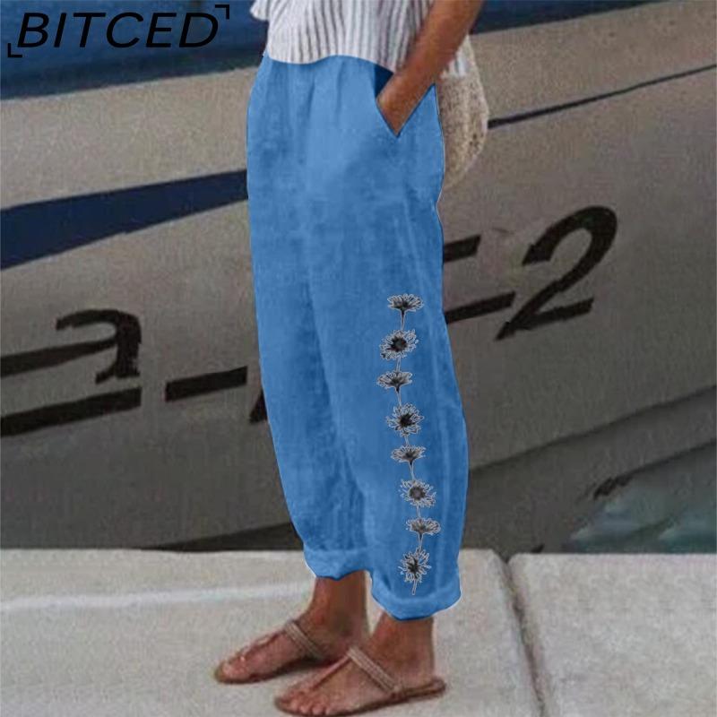 BITCED Fashion Popular Floral Print Harem Pants with Flower Pockets Mid Waist Trousers Streetwear