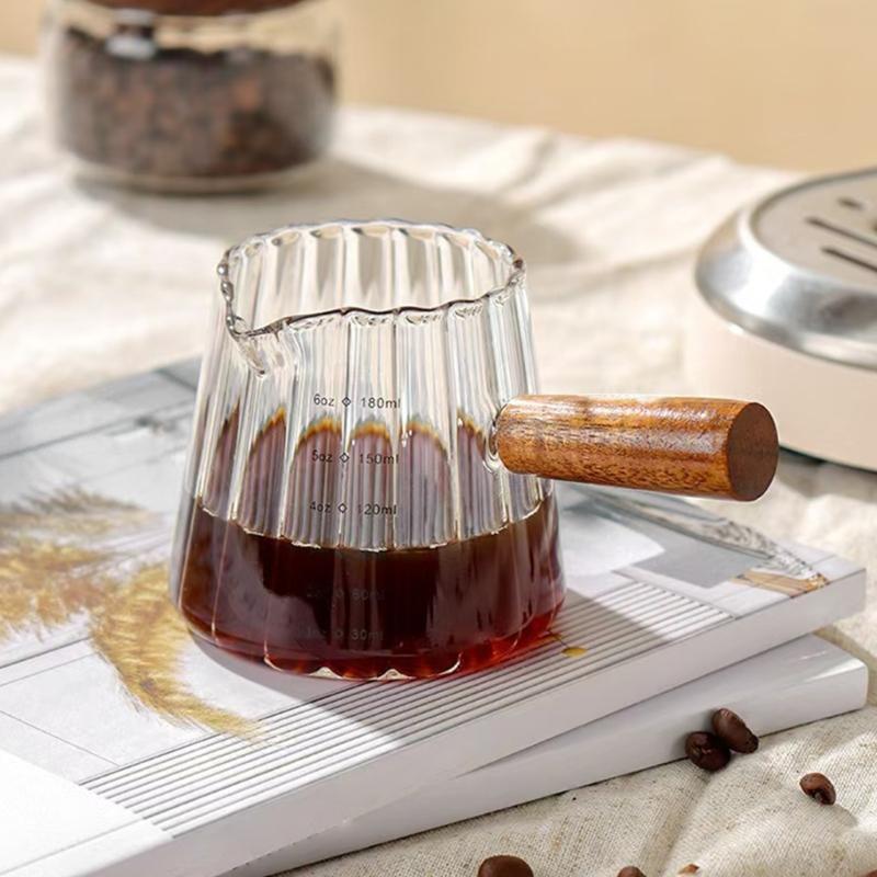 Glass Milk Frothing Cup 180Ml with Wooden Handle Double Measurement Lines and Pour Spout Espresso Shot Glass for Coffee Station Kitchen Tasks